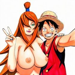 1:1 1boy 1girls accurate_art_style accurate_body_type age_difference ai_generated areolae arm_around_shoulders armpits auburn_hair bare_arms bare_breasts bare_shoulders black_hair blue_nails breast_focus breasts brown_hair busty cel_shading clavicle clothed clothed_male_nude_female clothing collarbone colored_nails completely_nude completely_nude_female couple crossover curvaceous curvy curvy_figure duo duo_focus erect_nipples facing_viewer female foreshortening front_view green_eyes hair_over_one_eye hand_on_another's_shoulder hand_on_shoulder hand_up hat headwear highres kushina_uzumaki light-skinned_female light_skin line_art looking_at_viewer looking_up looking_up_at_viewer makeup male manga_style masashi_kishimoto_style mature_female medium_breasts mei_terumi mizukage monkey_d_luffy nail_polish naruto naruto_(series) naruto_shippuden ninja nude nude_female official_style older_female_and_younger_male one_eye_covered one_piece outstretched_arm outstretched_arms parted_lips pirate pose purple_lipstick reaching_towards_viewer red_shirt red_vest scar scar_on_cheek scar_on_face selfie selfie_pose shiny_hair shirt side-by-side side_by_side simple_background sleeveless sleeveless_shirt straw_hat tan_body tan_skin tan_skinned_male teeth teeth_clenched teeth_showing topknot upper_body very_long_hair waifu white_background younger_male