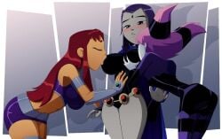 jinx_(dc) raven_(dc) ravenravenraven starfire sucking_breasts threesome