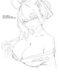 1girl 1girls animal_ears bare_shoulders breasts choker cleavage english_text female female_focus floral_print hair_ornament highres indie_virtual_youtuber japanese_clothes kimono lineart looking_at_viewer monochrome nimi_nightmare sketch smile solo solo_female sweat thernz undressing virtual_youtuber white_background