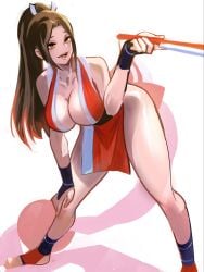 1girl artist_request bad_id bad_twitter_id bare_legs bare_shoulders big_breasts breasts brown_eyes brown_hair cleavage collarbone confident fan fatal_fury folded_fan folding_fan foot_out_of_frame hair_ornament hand_fan hand_on_own_knee high_ponytail highres holding holding_fan king_of_fighters large_breasts leaning_forward legs long_hair looking_to_the_side mai_shiranui motoyui no_bra open_mouth parted_bangs pelvic_curtain ponytail revealing_clothes shiranui_mai snk solo the_king_of_fighters thighs