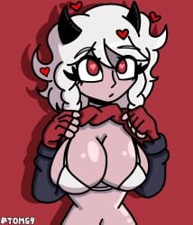 1female female flashing_breasts helltaker horns modeus_(helltaker) tom69 white_hair