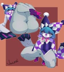 big_breasts big_butt blue_hair bottomless clown clown_girl clown_nose eyelashes front_view heart_pubes jazzelart league_of_legends long_sleeves looking_at_viewer navel pubic_hair purple_eyes pussy surprise_party_vex thick_thighs vex_(league_of_legends) wide_hips yordle