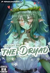 1girl 1girls ai_generated b34sty_0 belt black_belt blush boobs breasts comic comic_cover doujin doujin_cover dress dryad ears eyes finger_on_lip forest girl golden_eyes green_hair green_skin hair looking_at_viewer medium_boobs medium_breasts medium_hair medium_tits night oc original_character original_characters outdoors patreon pointy_ears r18 seductive_look seductive_smile smile staring_at_viewer title_page tits watermark white_dress woman wreath yellow_eyes