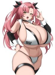 1girl alternate_breast_size_(larger) bare_shoulders bikini black_ribbon breasts cleavage crop_top earrings green_eyes hair_ornament hair_ribbon hairclip heart heart_earrings heart_necklace highres huge_breasts imuzi jewelry long_hair looking_at_viewer mole navel necklace nicole_demara open_mouth pink_hair ribbon single_thighhigh smile solo strapless swimsuit thighhighs two_side_up white_bikini zenless_zone_zero