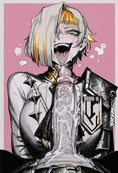 1boy 1girl 2026 2d absurd_res absurd_resolution absurdres ai_generated blonde_hair brutus_(artist) collared_shirt erection greyscale_with_colored_background hair_over_one_eye hetero hi_res high_quality high_resolution highres huge_penis image jacket kromer_(limbus_company) large_penis limbus_company looking_at_viewer monochrome multicolored_hair open_mouth penis pov saliva shiny_skin shirt short_hair smile solo_focus spot_color streaked_hair teeth tongue tongue_out uncensored uncensured veins veiny_penis