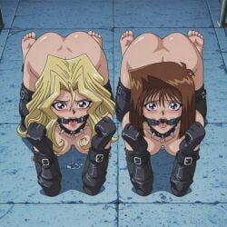 2girls absurdres ai_generated anzu_mazaki bitchsuit blush bound bound_arms bound_legs collar drooling female female_only femsub gag gagged kujaku_mai looking_at_viewer mai_valentine open_mouth pet_play restrained ring_gag tea_gardner tongue yu-gi-oh!