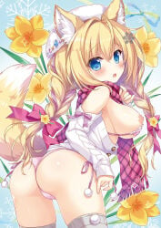 1girl ahoge ameto_yuki animal_ear_fluff animal_ears ass blonde_hair blush bra braided_hair breasts breasts_out exposed_breasts flower flower_background fox_ears fox_girl fox_tail hair_ornament hat highres large_breasts looking_at_viewer low_twin_braids nipples open_bra open_shirt open_sweater original panties scarf shirt side-tie_panties sideboob small_but_busty sweater tail thighhighs tied_hair twintails underwear