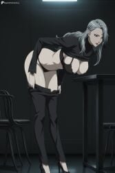 1girl ai_generated bent_over black_bra black_footwear black_panties black_pants black_shirt bra breasts brown_eyes chair cleavage clothes_lift clothes_pull digitalwaifugallery earrings full_body grey_hair hair_ornament hairclip hanging_breasts hi_res high_heels high_quality high_resolution indoors jewelry large_breasts leaning_forward lipstick long_hair long_sleeves looking_at_viewer makeup mature_female navel panties pants pants_pull patreon persona red_lips sae_niijima seductive sexy shirt shirt_lift solo standing uncensored underwear undressing watermark