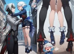 1girl1futa 2girls ahoge ai ai_generated andreas_ai annoyed arlecchino_(genshin_impact) big_bulge black_hair blue_eyes blue_hair bulge chibi city clothed clothed_sex cum day dominated domination dripping dripping_cum excessive_cum from_behind furina_(genshin_impact) futanari genshin_impact heels hoyoverse implied_creampie implied_sex lifting_partner lifting_person motion_lines outdoors outfit puddle red_eyes shoes side_view smirk standing standing_sex throbbing white_background white_hair