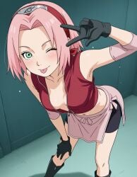 1girls ai_generated cleavage female female_only green_eyes naruto_(series) pink_hair sakura_haruno short_hair solo solo_female tagme