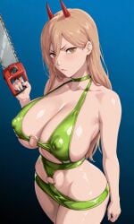 1girls ai_generated big_breasts blonde_female blonde_hair chainsaw_man curvy curvy_body curvy_female curvy_figure dress horn horns huge_breasts large_breasts light-skinned_female light_skin looking_at_viewer mature_female nipples nipples_visible_through_clothing o-ring power_(chainsaw_man) shao145 shiny shiny_clothes shiny_skin solo solo_female yellow_eyes