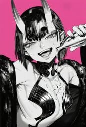 1girl 2026 2d absurd_res absurd_resolution absurdres ai_generated alcohol bare_shoulders blush bob_cut bottle breasts brutus_(artist) collarbone cup eyeliner fangs fate/grand_order fate_(series) greyscale_with_colored_background hi_res high_quality high_resolution highres holding horns image looking_at_viewer makeup monochrome off_shoulder oni open_clothes open_mouth pink_background pointy_ears pouring pouring_onto_self revealing_clothes sake shiny_skin short_hair shuten_douji_(fate) simple_background skin-covered_horns small_breasts smile solo spilling spot_color uncensured upper_body