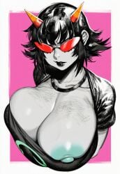 1girl 2026 2d absurd_res absurd_resolution absurdres ai_generated black_hair breasts brutus_(artist) cleavage collarbone greyscale_with_colored_background hi_res high_quality high_resolution highres horns huge_breasts image large_areolae lipstick looking_at_viewer makeup nipple_slip nipples one_breast_out red-tinted_eyewear shiny_skin shirt short_hair solo spot_color sunglasses tinted_eyewear uncensured upper_body