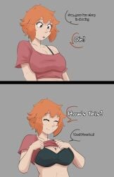 1boy 1girl 1girl1boy 1girls between_breasts big_female_small_male black_bra boobytrapped bra_strap bra_strap_is_showing_(meme) brown-skinned_male brown_skin brown_skinned_male cute digital_drawing_(artwork) english_text giantess light-skinned_female light_skin light_skinned_female orange_hair original_characters sam_(sihagen) samuel_(sihagen) shirt shirt_lift shirt_lifted_by_self short_hair_female sihagen smaller_male text