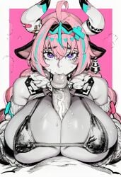 1boy 1girl 2026 2d absurd_res absurd_resolution absurdres ahoge ai_generated animal_ears bare_shoulders bikini black_bikini bow breasts brutus_(artist) cow_ears cow_girl cow_horns fellatio genshin_impact hair_between_eyes hetero hi_res high_quality high_resolution highres horns huge_breasts image large_penis long_hair looking_at_viewer multicolored_hair oral paizuri penis pink_background pink_hair pov pov_crotch purple_eyes shiny_skin solo_focus sweat swimsuit uncensored uncensured veins veiny_penis