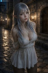 ai_generated blue_eyes breasts elf elf_female long_hair looking_at_viewer original_character pointy_ears white_dress white_hair