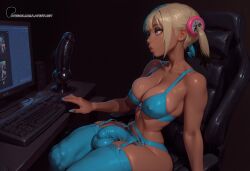 1futa 2d ai_generated blonde_hair blue_bikini blue_bra blue_eyes blue_hair blue_panties canari_(pokemon) clothed computer desk dildo futanari gaming_chair huge_penis indoors keyboard large_breasts latentlust looking_away makeup mascara monitor multicolored_hair pokemon profile recording sex_toy sitting solo streamer streaming thick_thighs twintails webcam