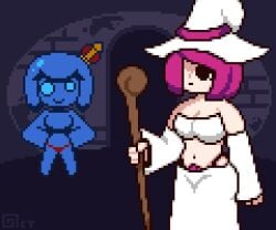 2girls ahegao animated areola areolae blue_hair blue_skin bra breast_expansion breasts chibi eyes_rolling_back gif hair_covering_eye huge_breasts monster_girl navel nipples octotron2000 one_eye_covered orgasm orgasm_without_stimulation pink_hair pixel_art pubic_hair pussy_juice self_upload short_hair skirt slime slime_girl small_breasts staff thick_thighs thong thumbs_up wardrobe_malfunction white_eyes wide_hips witch witch_hat