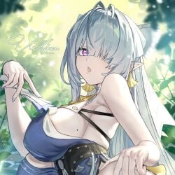 1girl 1girls artist_name artist_request bare_shoulders earrings grey_hair highres long_hair looking_at_viewer mole mole_on_breast open_mouth pointy_ears purple_eyes sideboob signature solo upper_body velina_(zenless_zone_zero) velina_airgid zenless_zone_zero
