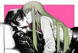 1boy 1girl 2026 2d absurd_res absurd_resolution absurdres ai_generated black_hair brutus_(artist) c.c. code_geass collared_shirt couch girl_on_top green_hair hair_between_eyes hetero hi_res high_quality high_resolution highres image imminent_kiss jacket lelouch_vi_britannia long_hair long_sleeves looking_at_viewer lying pants parted_lips pink_background purple_eyes shiny_skin shirt short_hair uncensured white_shirt yellow_eyes