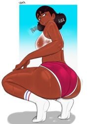 ass black_hair breasts brown_eyes buruma connie_maheswaran dark_skin female huge_ass short_hair socks solo squatting steven_universe sweat tan tanline thighs tiptoes very_dark_skin