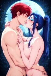 ai_generated big_breasts blue_hair breasts duo embrace female full_moon hug hugging husband_and_wife husband_kissing_wife kissing long_hair love male male/female married_couple moon moonlight naked nude oasis red_hair rodrigo romantic_couple serena very_long_hair wedding_ring