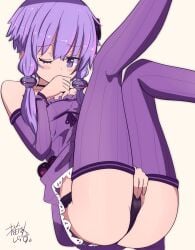 ass black_panties blush blush_stickers commentary criss-cross_halter detached_sleeves dress female female_masturbation fingering fingering_through_clothes hair_ornament halterneck hand_to_own_mouth highres kakihito_shirazu masturbation one_eye_closed panties purple_dress purple_eyes purple_hair purple_thighhighs short_hair_with_long_locks sidelocks simple_background solo striped_clothes striped_thighhighs thighhighs through_clothes underwear vertical-striped_clothes vertical-striped_thighhighs vocaloid voiceroid white_background yuzuki_yukari