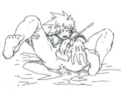 blush cum cum_in_anus gay greyscale male monochrome nude open_mouth spiked_hair spread_legs