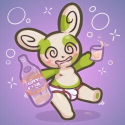 anthro arnkleblarn belly belly_overhang blush blush_lines bodily_fluids bottle briefs bubble bulge clothing container cup dizzy dizzy_eyes drinking_glass drooling drunk drunk_bubble featureless_chest featureless_feet featureless_hands feet fur generation_3_pokemon glass glass_container glass_cup glistening glistening_body green_body green_fur hi_res holding_object juice_(beverage) losing_balance male mammal markings mostly_nude multicolored_body multicolored_fur nintendo parody_soda pokemon pokemon_(species) polka_dots saliva shiny_pokemon simple_background slightly_chubby slightly_chubby_male smile solo spinda spiral spiral_eyes spots spotted_body substance_intoxication tan_body tan_fur tipsy underwear