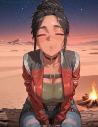 ai_art ai_assisted ai_generated beer_can belt black_gloves black_hair breasts brown_eyes campfire can cd_projekt_red choker cleavage cropped_jacket cyberpunk_2077 cyberpunk_20771girl dark-skinned_female dark_skin denim desert female fingerless_gloves fire freckles gloves hair_bun highleg highleg_leotard holding holding_can jacket jeans large_breasts leotard leotard_under_clothes looking_at_viewer night open_clothes open_jacket open_mouth oujisan outdoors panam_palmer pants patreon patreon_url patreon_username red_jacket self_upload single_hair_bun sitting sky smile solo star_\(sky\) starry_sky sunset tagme thick_eyebrows