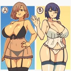 2girls big_breasts black_bra black_panties black_thighhighs blue_eyes blue_hair bra breasts brown_eyes brown_hair cleavage female female_only garter_straps hair hair_over_one_eye hand_on_hip huge_breasts legwear lingerie mature mature_female mature_woman mayu_naisu milf mother nightgown original panties ribbon short_hair smile take_your_pick thick_thighs thighhighs thighs white_bra white_panties white_thighhighs