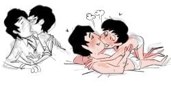 black_hair blush gay gay_male half-dressed john_lennon kissing male male_only paul_mccartney romantic romantic_couple simple_background sketch sweat the_beatles the_beatles_cartoon white_background yaoi