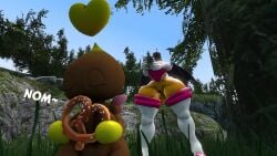 100acrew 2025 2girls anthro ass bat_girl big_ass big_breasts brainwashed breasts bucket_helmet chao_(sonic) chestplate chocola_the_chao chum_bucket chum_bucket_bucket_helmet drone female mind_control mobian mobian_(species) pretzel_(food) rouge_the_bat sega sfm sonic_(series) sonic_the_hedgehog_(series) source_filmmaker standing