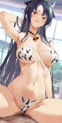 animal_ears animal_print arm_behind_head arm_up armpits bangs bell bell_collar bikini blush breasts cow_bell cow_ears cow_girl cow_horns cow_print cowgirl_position cowgirl_position female horns indoors large_breasts long_hair navel purple_eyes sex smile straddling straight swimsuit