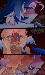 2boys blue_hair blush breath_cloud cookie_run cookie_run_kingdom hearts heterochromia male pure_vanilla_cookie self_upload shadow_milk_cookie tentacle watermark yaoi yellow_hair