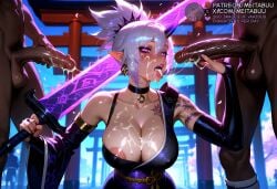 2boys after_fellatio ai_generated areola_slip arm_tattoo balls black_choker black_gloves breasts bridal_gauntlets bukkake choker cleavage clothed_female_nude_male collarbone cum cum_in_mouth cum_on_body cum_on_breasts cum_on_tongue cum_string dark-skinned_male dark_skin detached_sleeves earrings elbow_gloves erection facial female foreskin gloves glowing glowing_sword glowing_weapon group_sex hair_between_eyes handjob holding holding_sword holding_weapon horns interracial japanese_clothes jewelry kimono large_breasts league_of_legends league_of_legends:_wild_rift long_sleeves looking_at_viewer makeup male male_pubic_hair meitabuu mmf_threesome multiple_boys nipple_slip nipples nude obi open_mouth outdoors penis pointy_ears ponytail pubic_hair purple_eyes riot_games riven sash shoulder_tattoo single_bare_shoulder single_horn single_sleeve solo_focus straight sword tattoo teeth testicles threesome tongue tongue_out torii uncensored uncircumcised upper_body upper_teeth_only veins veiny_penis weapon white_hair