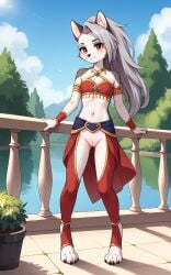 1girls 2025 ai_generated anthro canine dancer_outfit digitigrade female female_only furry furry_female gold_jewelry grey_fur hellhound helluva_boss hi_res innie_pussy jewelry long_hair loona_(helluva_boss) outdoors pussy red_eyes silver_hair smile white_fur wolf_girl