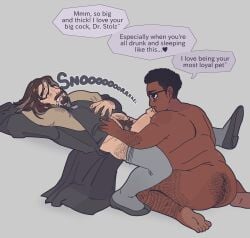 2boys arm_hair ass beard black_hair blowjob body_hair brown_hair brown_skin clothed color dialogue dilf drooling drunk english_text eyes_closed flat_colors gay gay_sex glasses grey_background grey_hair interracial interracial_sex leg_hair male/male multicolored_hair mustache nude older_male onomatopoeia open_jacket oral pants_down passed_out penis pentiment pubic_hair self_insert shirt_pulled_up sleep_sex sleeping somno somnophilia speech_bubble text trans_man_(lore) uncircumcised werner_stolz worklunchbox yaoi