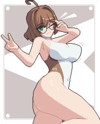 big_breasts big_titties bikini breasts brown_hair clothing curvaceous curvaceous_female curvaceous_figure curvy curvy_figure curvy_hips female female_focus female_only glasses looking_at_viewer original original_character pixel_art seiko093 short_hair