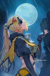 ai_generated armor black_gloves blonde_hair breasts covered_eyes cropped_jacket female fingerless_gloves from_side full_moon gloves headgear hikari406 jacket long_hair long_sleeves midriff moon night outdoors parted_lips ponytail puffy_sleeves rain solo trigger_(zenless_zone_zero) uncensored zenless_zone_zero