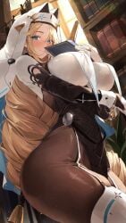 1girls absurdres ass blonde_hair blue_eyes bodysuit book bookshelf breast_curtains breasts closed_mouth cross_bracelet facial_mark female forehead_mark garter_straps gloves goddess_of_victory:_nikke habit half_gloves highres holding holding_book jewelry large_breasts long_hair netural nun pelvic_curtain rapunzel_(nikke) rapunzel_(pure_grace)_(nikke) ring shelf solo thick_thighs thighhighs thighs very_long_hair window wrist_cuffs