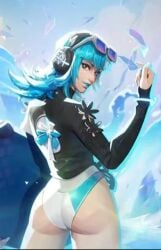 ass ass_cleavage bikini bikini_bottom blue_hair blue_lipstick eyeliner female flowers headphones heterochromia jacket light_skin looking_at_viewer looking_back luna_snow luna_snow_(cool_summer) luna_snow_(marvel_rivals) marvel marvel_rivals official_art screencap screenshot solo_female solo_focus summer sunglasses sunglasses_on_head surfboard swimsuit white_bikini