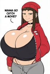 ai_generated beanie big_breasts breasts breasts breasts dialogue gigantic_breasts hips hoodie huge_breasts lubbasdump massive_breasts nerina_(lubbasdump) pokemon pokemon_trainer sweatpants wide_hips zipper_down
