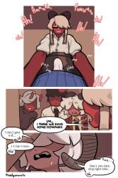 animal_humanoid bodily_fluids bovid bovid_humanoid caprine caprine_humanoid closed_eyes clothed clothing comic dialogue eline_(theelgenerate) english_text female group hair hi_res horn humanoid imp levi_(theelgenerate) male male/female mammal mammal_humanoid necktie open_mouth penetration penile penile_penetration penis sex sheep_humanoid short_tail speech_bubble standing sweat tail teeth text theelgenerate white_hair white_tail
