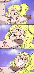 3_eyes big_penis blonde_female blonde_hair blush bounty_hunter bounty_huntress bounty_way futa_on_female hand_on_penis leonie_tax multicolored_eyes penis_awe rumi_sniffing_gimbap shiala smelling_penis smiling sniffing_penis spit sweatdrop