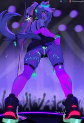 absurdres ass body_writing breasts character_request condom condom_belt cum cum_in_ass female glowstick hedgehogs4hent1 highres holding holding_pole nightclub pointless_condom pole shoes sneakers solo stripper_pole thigh_strap ultraviolet_light used_condom