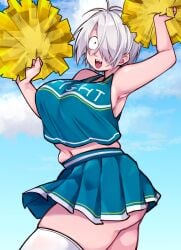 alternate_costume armpit big_ass big_breasts blush cheerleader cheerleader_uniform crop_top fangs female female_only gegege_no_kitarou genderswap_(mtf) hair_over_one_eye kitarou_tanjou_gegege_no_nazo looking_at_viewer mainasu medama_oyaji_(human) navel plump pom_poms rule_63 short_hair slightly_chubby smile solo thick_thighs thighhighs white_hair wide_eyed zettai_ryouiki
