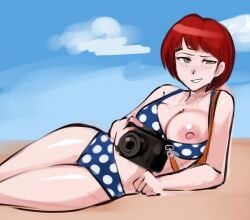 1girls beach beach_background belly belly_button bikini bikini_only blue_bikini blue_swimsuit bob_cut breasts breasts_out brown_eyes brown_eyes_female camera danganronpa danganronpa_2:_goodbye_despair danganronpa_s:_ultimate_summer_camp exposed_breasts exposed_nipple facing_viewer female female_focus female_only flustered flustered_female freckles freckles_on_face full_body glistening glistening_body glistening_breasts glistening_skin glistening_thighs green_eyes green_eyes_female half-closed_eyes hips holding holding_camera holding_object koizumi_mahiru laying_down laying_on_side legs legs_together lying lying_down lying_on_side midriff navel nipple_slip nipples outdoors parted_lips pink_areola pink_nipples polka_dot polka_dot_bikini polka_dot_bra polka_dot_panties polka_dot_swimsuit posing red_hair red_hair_female red_head short_hair short_hair_female slight_blush smile smiling smirk smirking solo sun sweat sweatdrop sweating sweaty swimsuit thighs thighs_together triplestabber two-piece_swimsuit