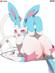 absurd_res anus ass big_butt eeveelution female feral fur generation_6_pokemon genitals hi_res looking_at_viewer lying nintendo pokemon pokemon_(species) pupils quadruped sarox simple_background smile solo sylveon thick_thighs three-quarter_view vulva