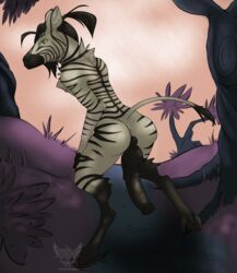 anthro anus ass balls equine erection forest fur furry grin hand_on_thigh hooves horsecock kevinrogers looking_at_viewer male_only mammal penis perineum ponytail presenting smile standing tree zebra zebralord7